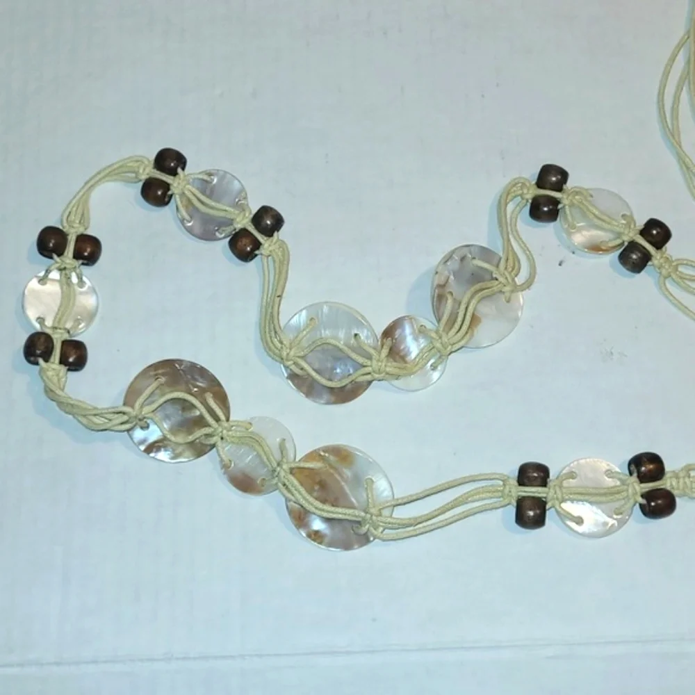 Belt Vintage white shells wood beads strung on heavy white cotton Coastal Boho